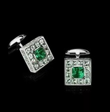 2Ct Emerald Lab-Created Emerald Men's Wedding Cufflinks 14k White Gold Plated