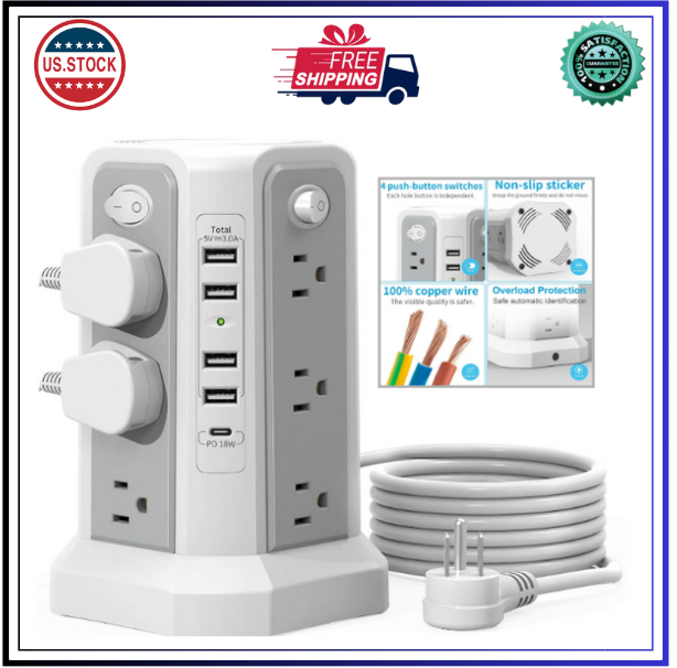 Surge Protector Power Strip Tower with USB C Port(Pd18W),10Ft Extension Cord wit-image