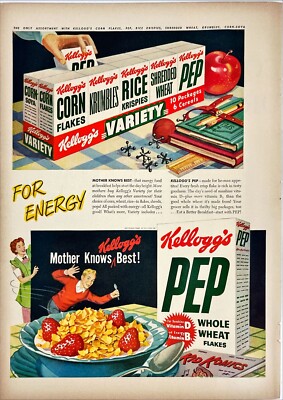 Kellogg's Cereal Pep Wheat Corn Flakes Rice Krispies Krumbles Vtg Print Ad 1948