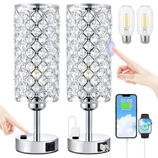 Set of 2 Sliver Crystal Touch Control Table Lamps with USB Ports and Outlets