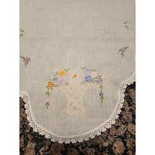 Vintage Linen Handmade Lace Trim Embroidered Table Runner 40”x17” Flower Basket