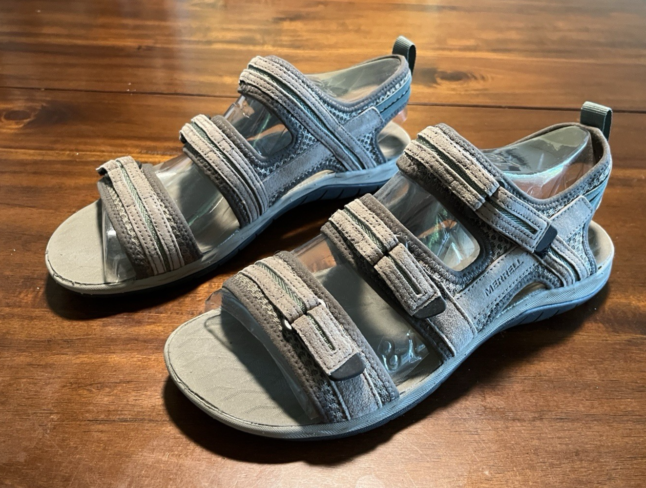 Sandali da trekking Merrell donna taglia 10 sirena 2 cinturini punta aperta tortora NUOVI