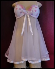 Vintage BABYDOLL Sheer GOWN Floral BRA Top CHIFFON Lingerie Slip Dress Bow M/L