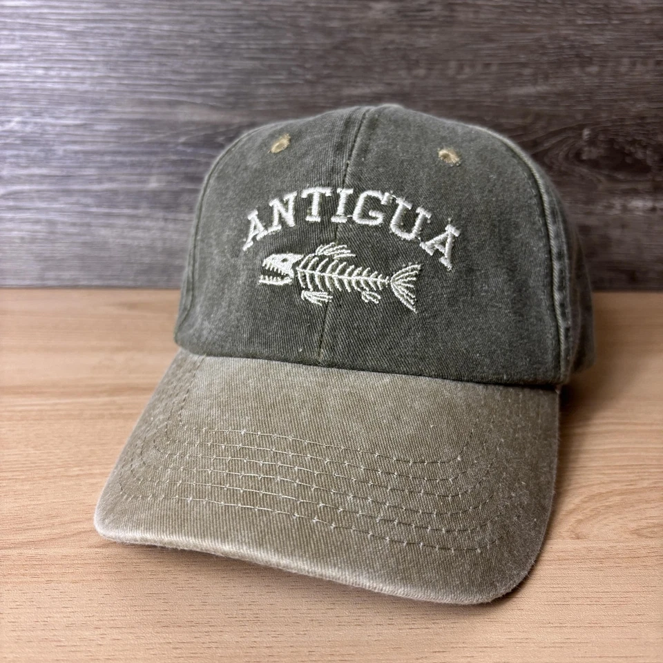 Antigua Hat Cap Strap Back Green Khaki Embroidered Fish Skeleton Mens Dad Cap - Image 3 of 4