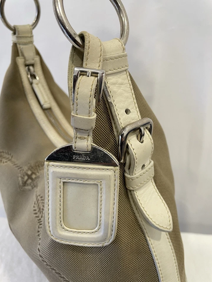 AS# Prada Beige Canvas and Leather Logo Jacquard Shoulder Bag Made in Italy - Image 4 of 4