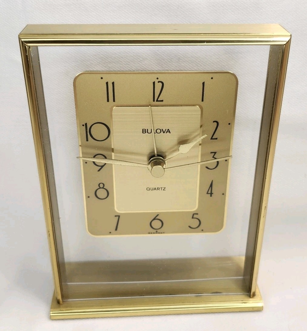 BULOVA Gold Brass Finish Quartz Alarm Desk Clock B 1980 Vintage