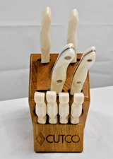 CUTCO 1759 6 Serrated Pearl Table Knives + Paring Knife Spatula Spreader & Block