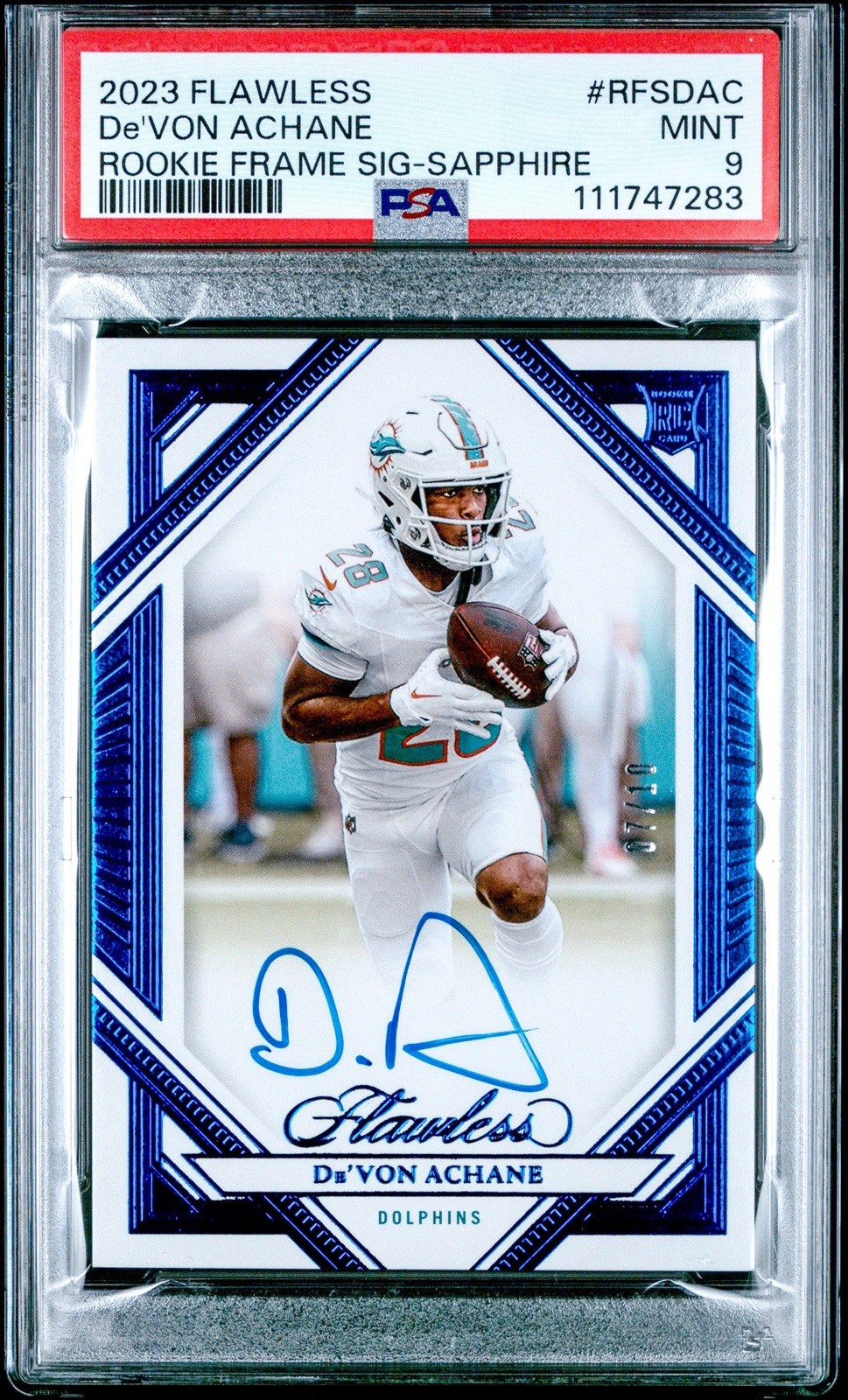 De'Von Achane Panini Flawless Rookie Frame Signatures #RFSDAC Sapphire