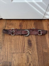 BRIGHTON Women's Brown Leather Belt Woven Braided Metal Rings Size Med 34