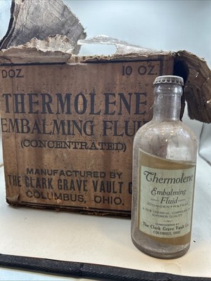 Rare Box & Paper Label Glass Bottle Embalming Fluid Thermolene Empty Columbus OH