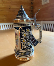 King Steingut Bierkrug mit Zinndeckel, Sammlerst&uuml;ck, Garmisch Partenkirchen