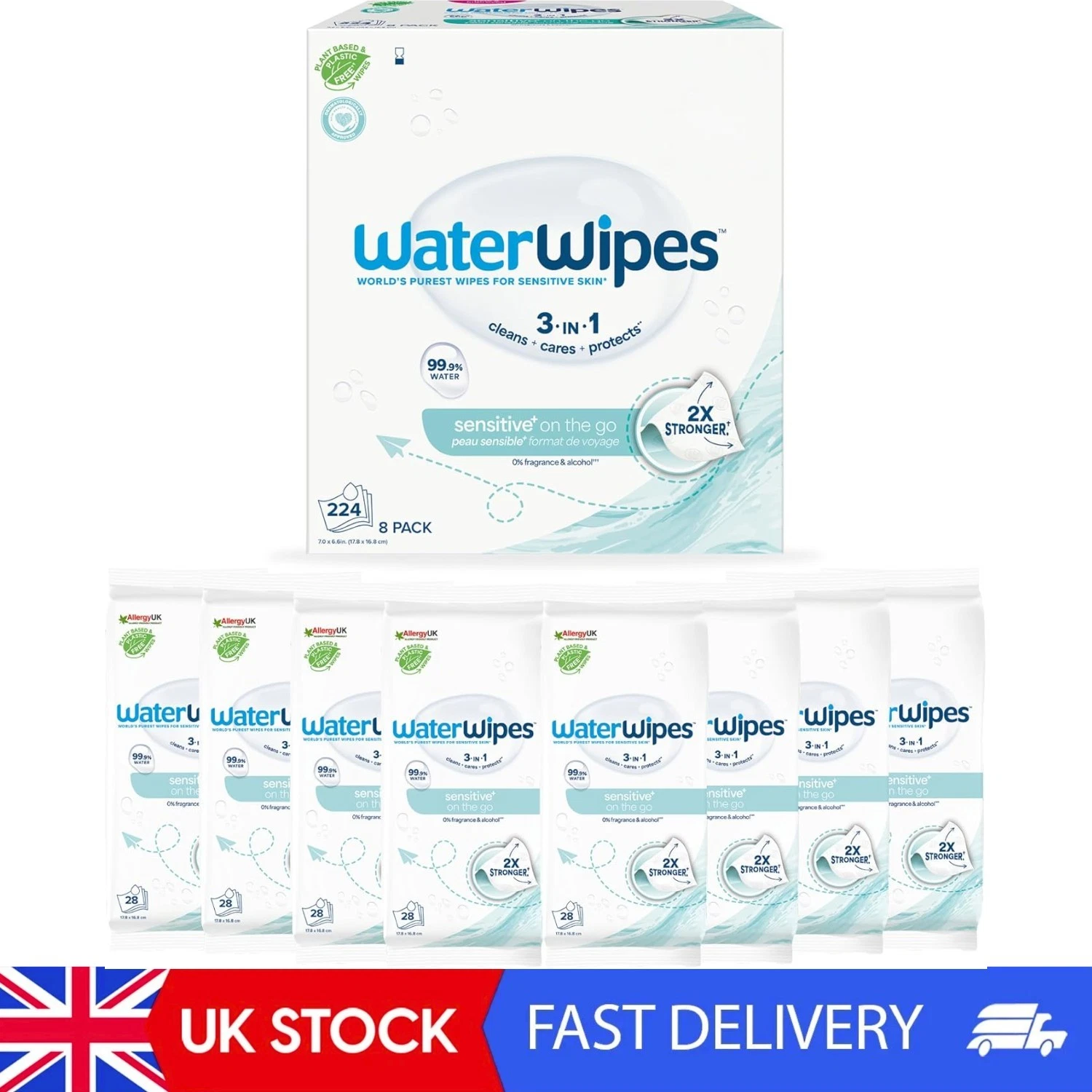 Sensitive+ On The Go Wipes, 224 Count , 3-In-1 Cleans, Cares, Protects, 99.9%
