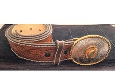 Hand Spilt Embossed Cowhide Junior Leather Western Belt, With Horse Buckle. New