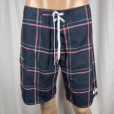 Quiksilver Men's 34W Navy Blue/Plaid Drawstring Surf Swim Board Shorts