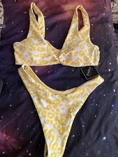 Zaful Womens Yellow  White Cheetah Print 2 Pc Bikini Swimsuit Size 6 NWT
