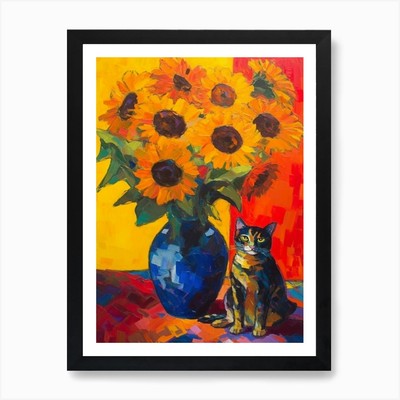 Sonnenblume mit Katze 1 Fauvist Stil gerahmtes Wandbild Poster Leinwanddruck Bild