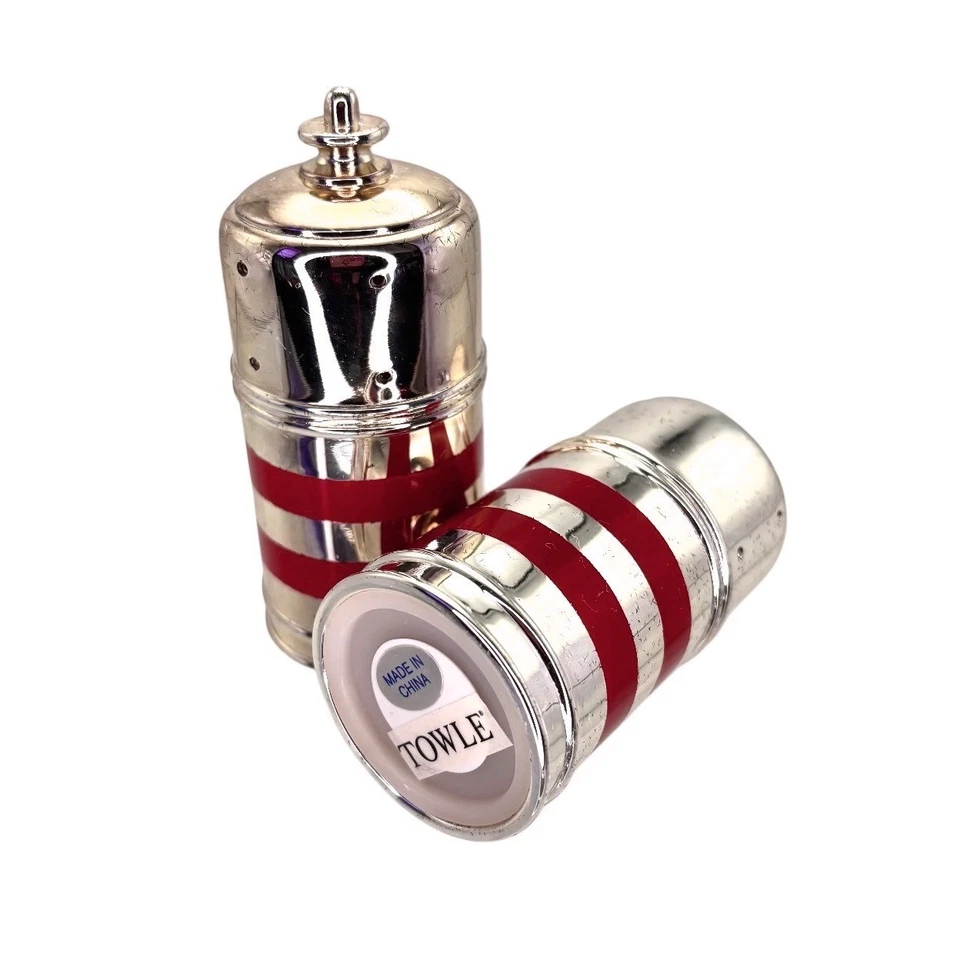 Juego de cocteleras de sal y pimienta chapadas en plata vintage rayas rojas Foto 4 de 4