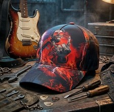 Graphic Skull Baseball Cap Fire Flame Skeleton Biker Rocker Trucker Hat Hip Hop