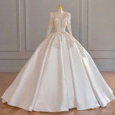 Elegant Satin Wedding Dress V-neck Long Sleeves Lace Appliqus Beaded Bridal Gown