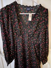 GAP NWT Petite Small Black Floral Holiday Midi Dress Silk Lace Rose LBD Modest