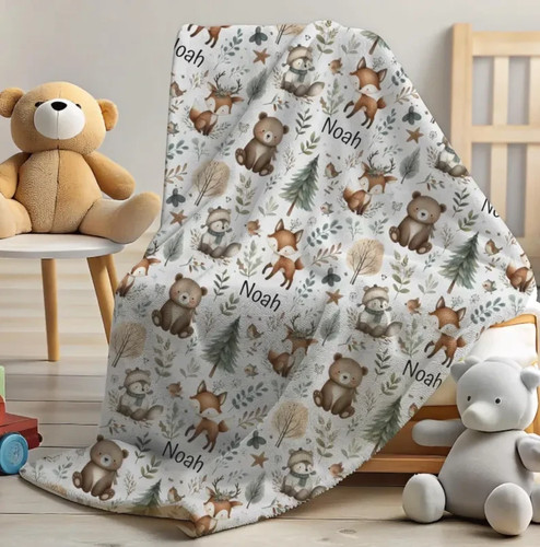 Personalized Woodland Animal Flannel Blanket Custom Name Baby Gift - Picture 2 of 12