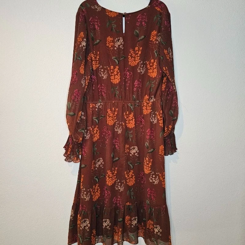 Gibson Latimer Fall Floral Colors Poet Sleeve Boho Ruffle Hem Midi Dress Size XL - Image 2 of 4