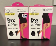 2 L’eggs Everyday Knee Highs 20 PAIRS TOTAL Off Black Reinforced Toe Sheer Legs
