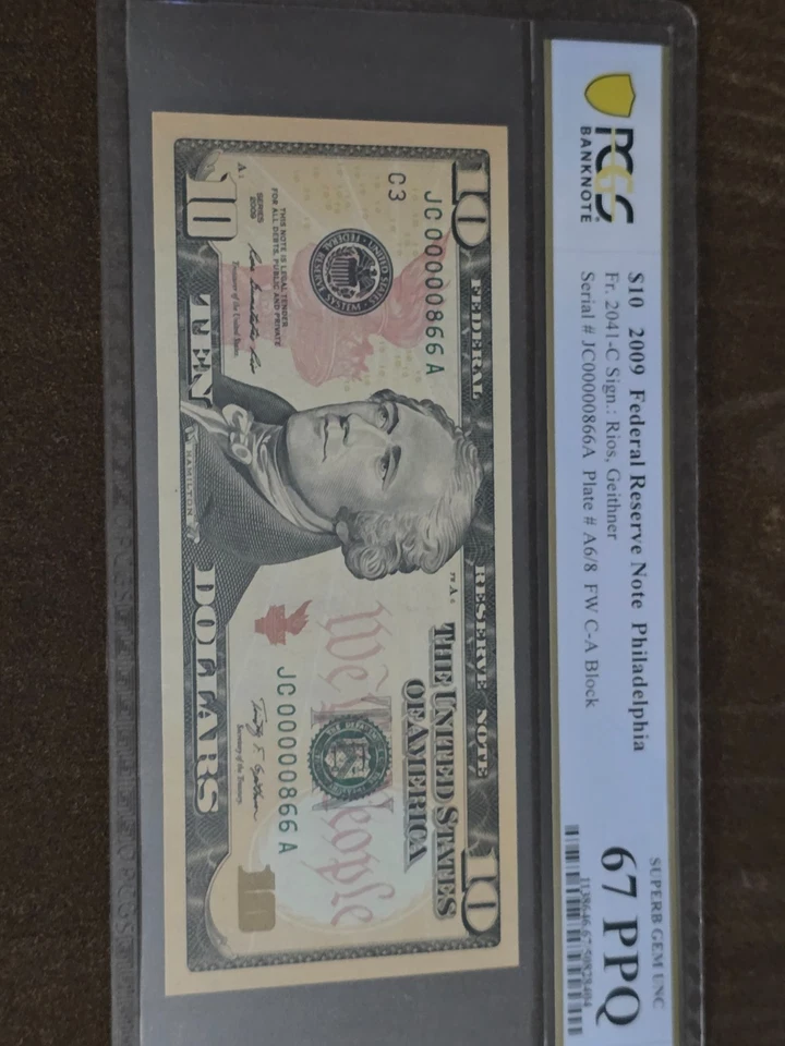 2009 $10 fancy serial number low serial number JC00000866A graded 67PPQ certifie - Image 3 of 3