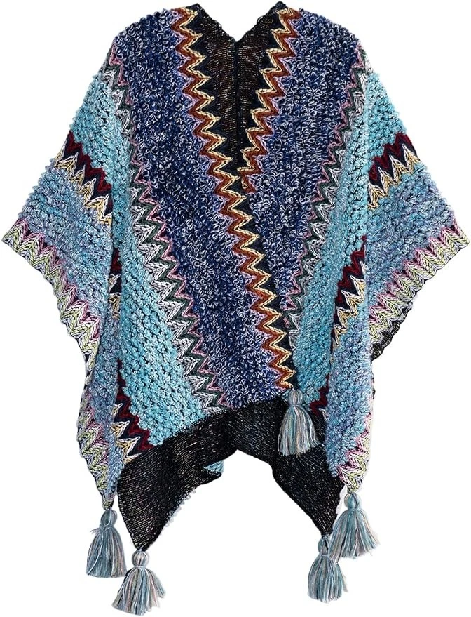 NEW Urban CoCo Women's knit Vintage Ethnic Tassel stripe Poncho Shawl