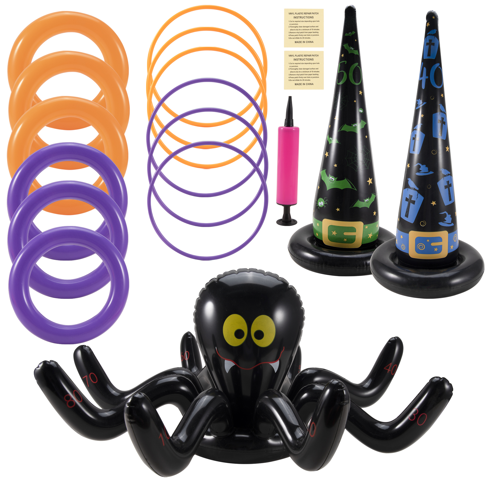 16Pcs Halloween Witch Hat Ring Toss Game Set with 12 Rings and Air Pump