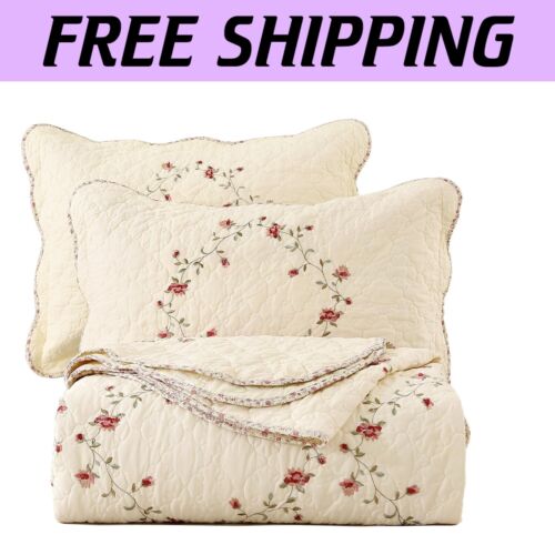 Cotton Floral Quilt Coverlet Set with Embroidered Wreaths - Cozy Home Essential