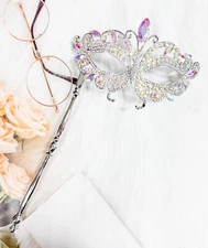 Crystal Mask with Stick, Prom Mask, Masquerade Ball Mask, Silver Wedding Mask