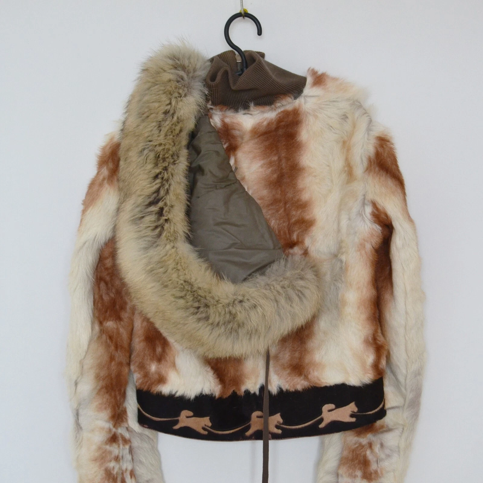 Giacca pelliccia PRADA donna vintage con cappuccio pelle di vitello lana beige marrone zip 36