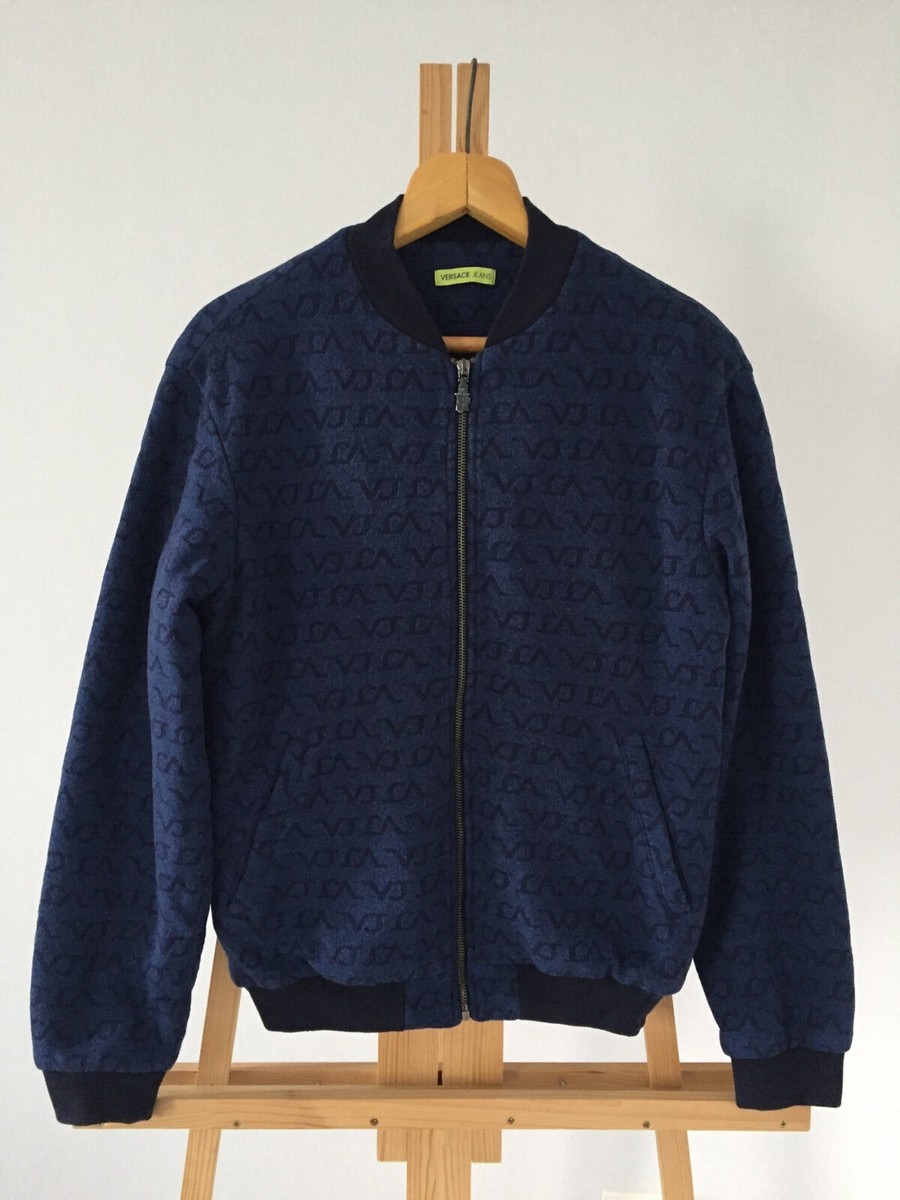 VERSACE JEANS Bomber Jacket Size 50 L Wool Jacket Blue Monogram