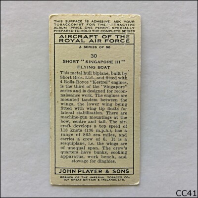 john player cigarette cards aircraft of the royal air force John Player Aircraft Air Force #30 Sht Singapore III 1938 Cigarette Card  (CC41)