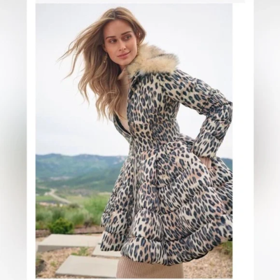 Venus Peplum Leopard Puffer Coat Jacket Fit & Flare Faux Fur