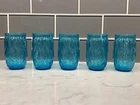 5 Vintage Anchor Hocking Madrid Blue Aqua Quilted 13 oz flat tumbler Glasses EUC