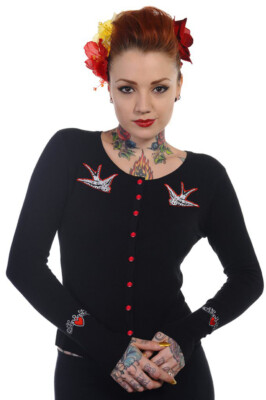 BANNED Apparel Hybrid White Swallows Bird Rockabilly Gothic Punk Black Cardigan