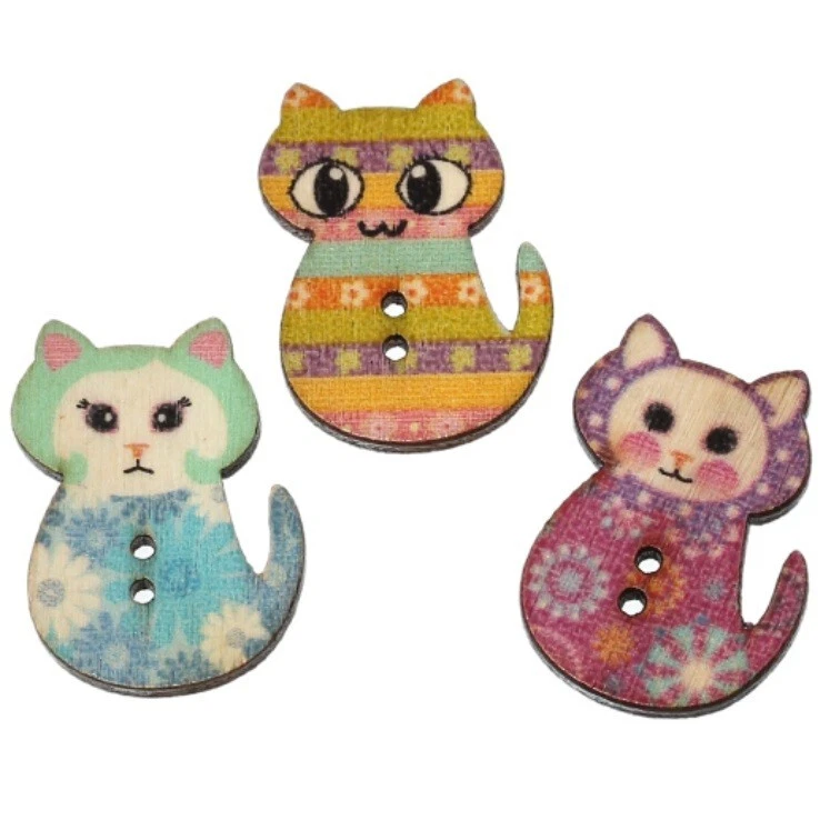 Printed Cat Buttons - Shelly's Buttons - Sew Through Wooden - Craft Scrap Sewing - Image 2 of 4