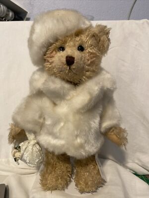 Vtg 2000 Berkeley Designs White Teddy Bear Plush Stuff Animal Faux Fur & Pearls