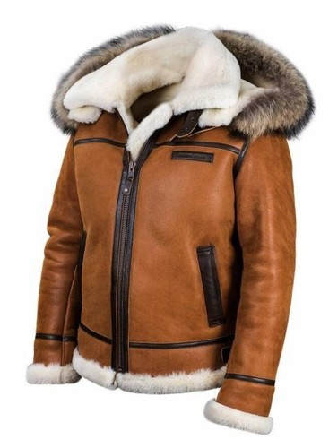 Men's RAF Flight Original Faux Fur Shearling Sheepskin B3 Fleeced Leather Jacket - Picture 7 of 9