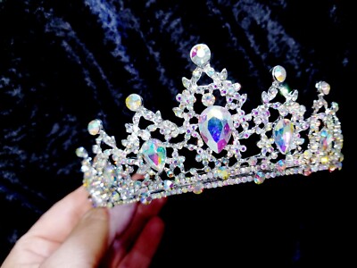 Silver AB Crystal Rhinestone Pageant Tiara Crown Marquise Iridescent Bridal Prom Amazon.com: Miss America Crown Austrian Rhinestone Crystal  main image 4