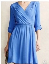 Anthropologie Maeve Lene Crepe Faux Wrap Dress Pockets Blue Sz L Roll Tab Sleeve