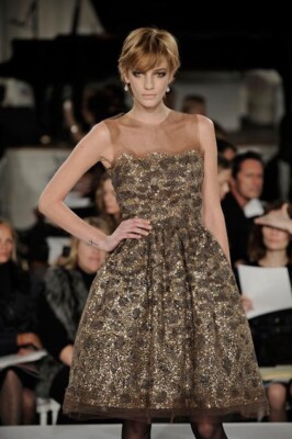 oscar de la renta brown dress Oscar de La Renta Porcelain Flower Lattice Fringe Gown main image 0