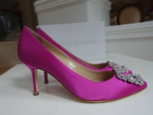 NUEVO EN CAJA $1195 Manolo Blahnik Hangisi 70 Hebilla de Cristal Satinado Rosa Púrpura Talla EU 38 - Imagen 9 de 16