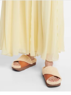 Chloe Wavy Shearling Leather Beige Brown Slides EU 37 UK