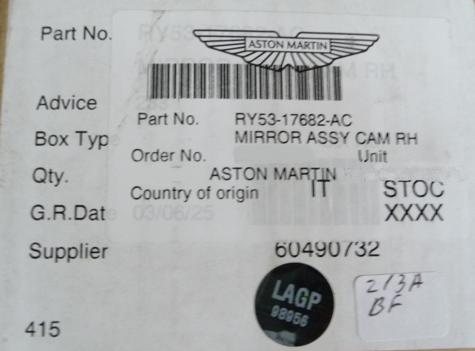 2024-2026 Aston Martin DB12 Right Passenger Rearview Mirror RY53-17682-AC OEM