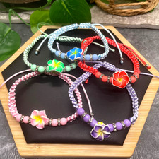 2 PC 6-10  Flower Adjustable Tie Beads Braided Anklet/Bracelet Set New B717