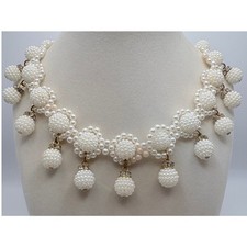 Faux Pearl Statement Necklace Floral Bib w/ Dangling Pearl Drops Rhinestones