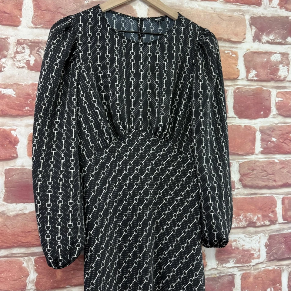 Vestido Express Mujer Mediano Negro Blanco Manga Larga Geométrico Abstracto Popover Foto 2 de 4